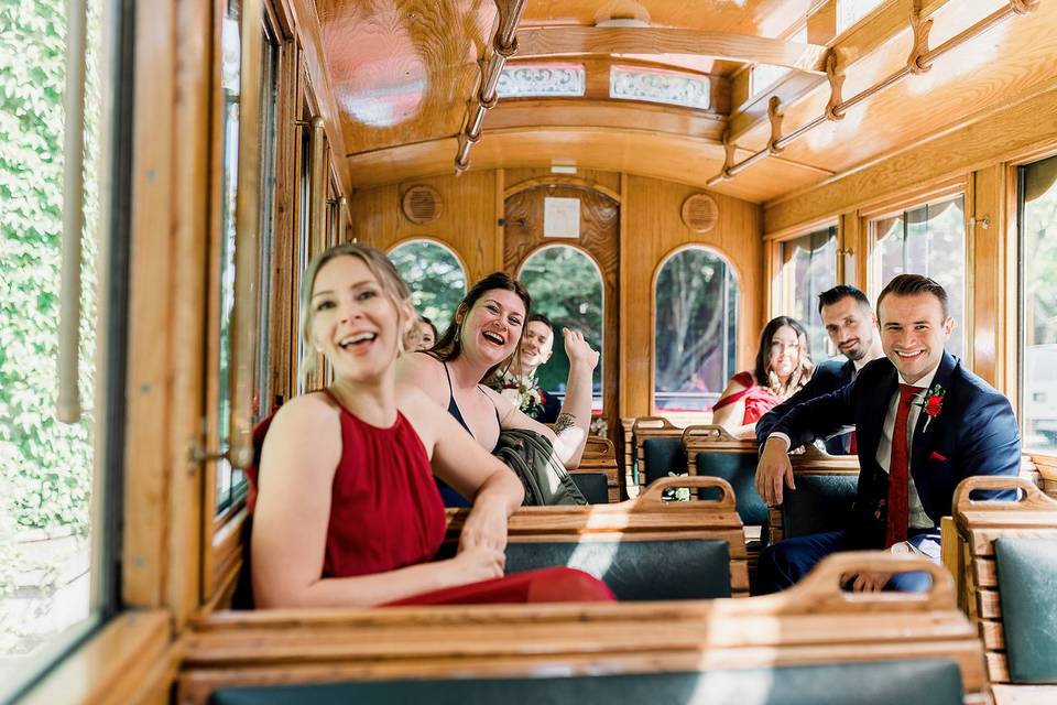 Wedding party on a trolly car