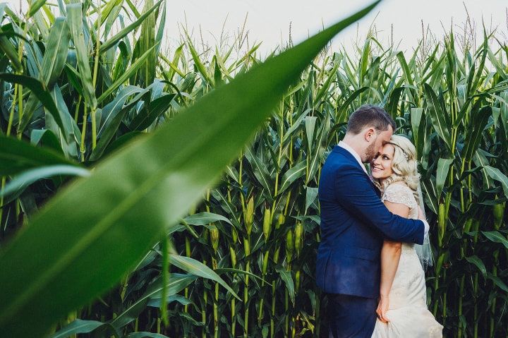 Summer wedding portrait in corn field
