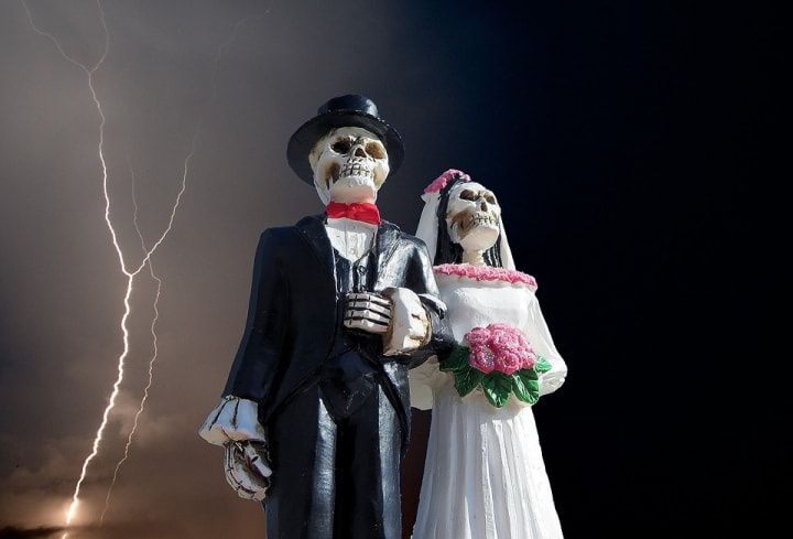 Halloween wedding idea - bride and groom skeleton caketopper