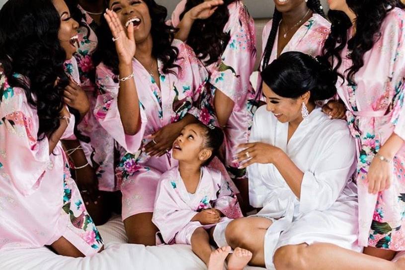 Bridal party wearing silk robes before wedding