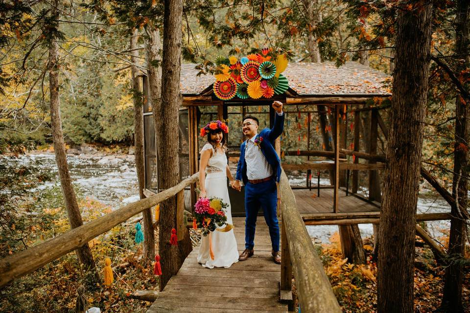 Wedding portrait with brightly coloured decorations