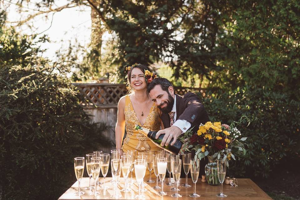 Backyard wedding champagne toast