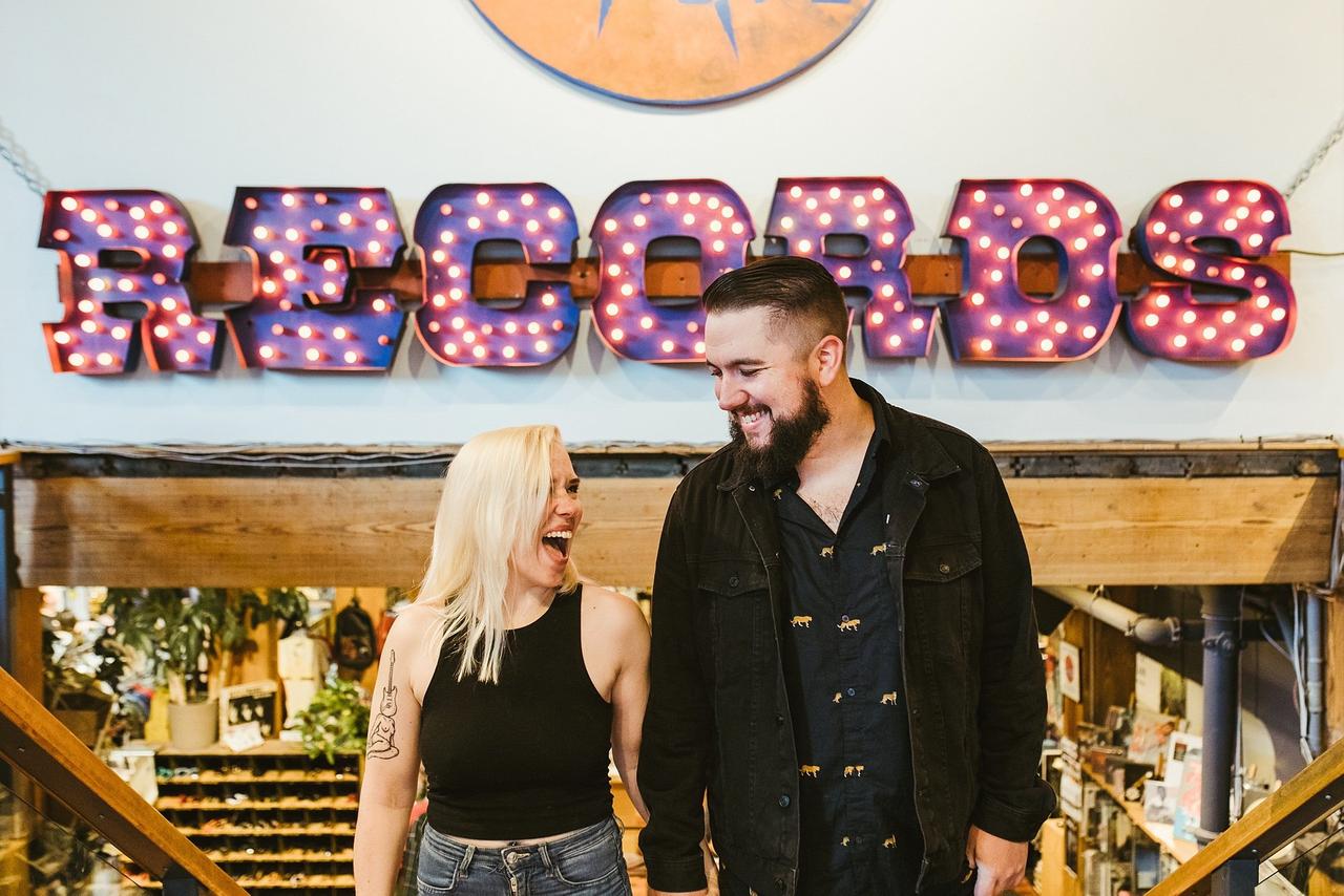 Engagement photo pose - record store