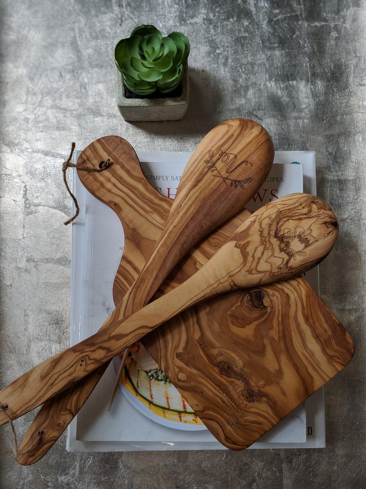 Wooden salad servers and board