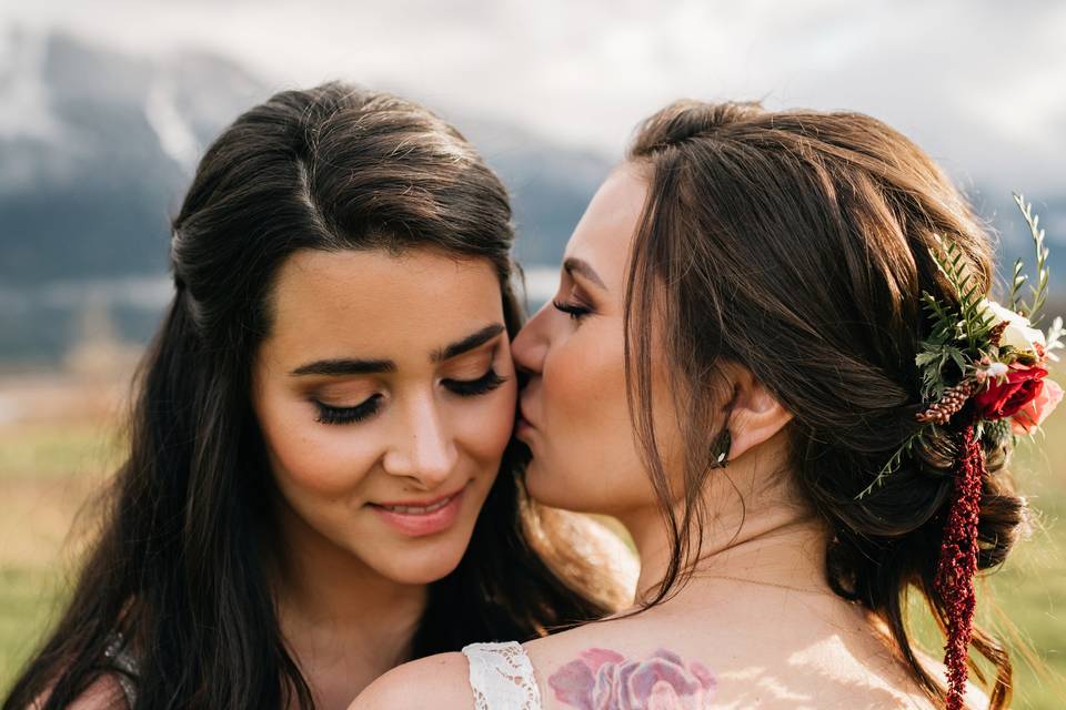 Close up of two brides' summer wedding makeup