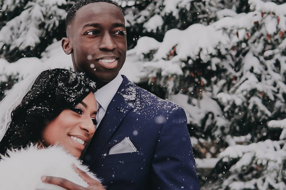 Snowy winter wedding portrait