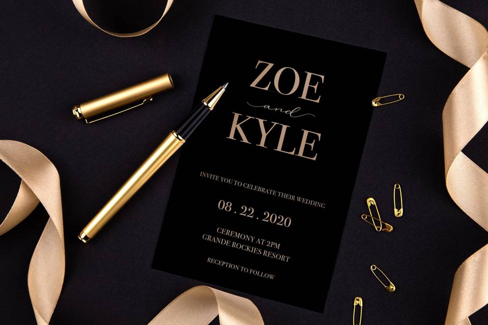 Black and gold wedding invitation