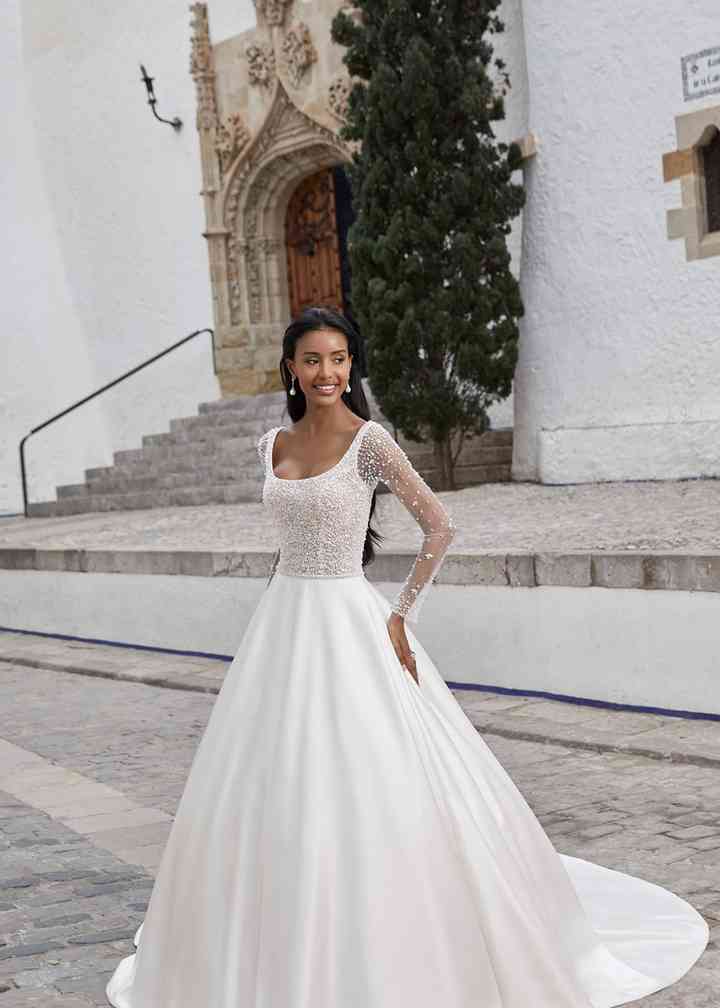 Off-Shoulder Long Puff Sleeve Chiffon Wedding Dress - Promfy