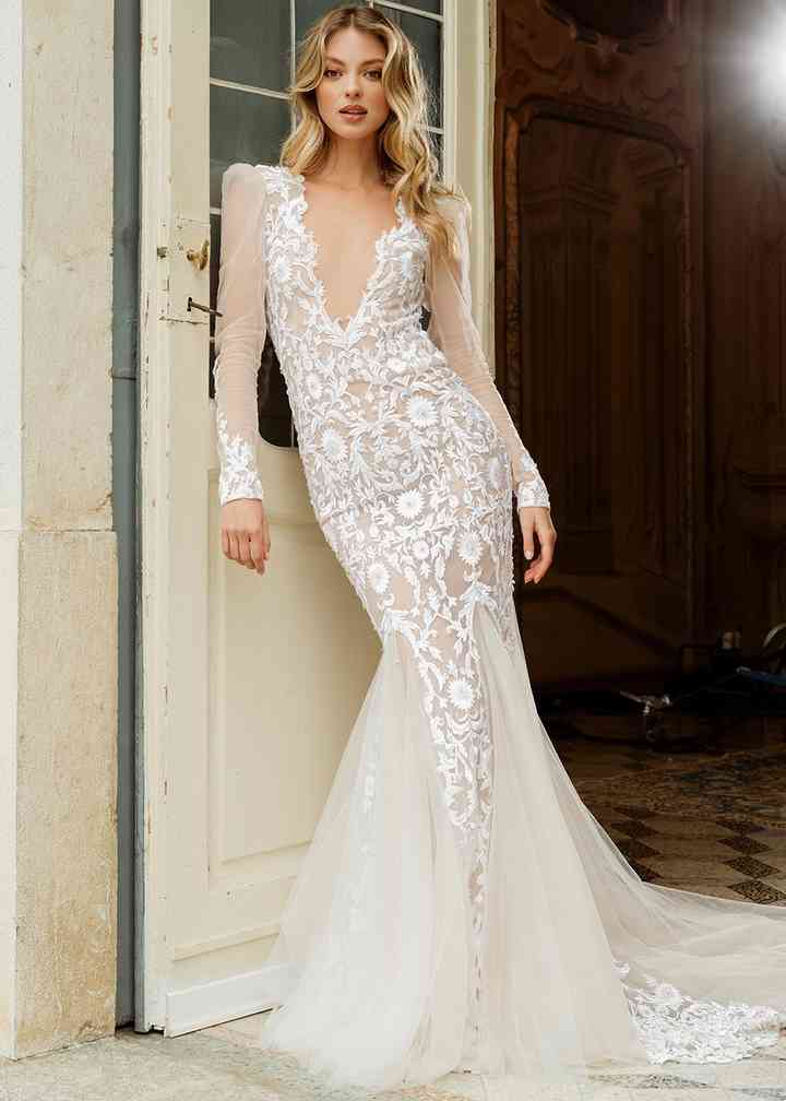 Berta Long Sleeve V Neck Lace Wedding Dress