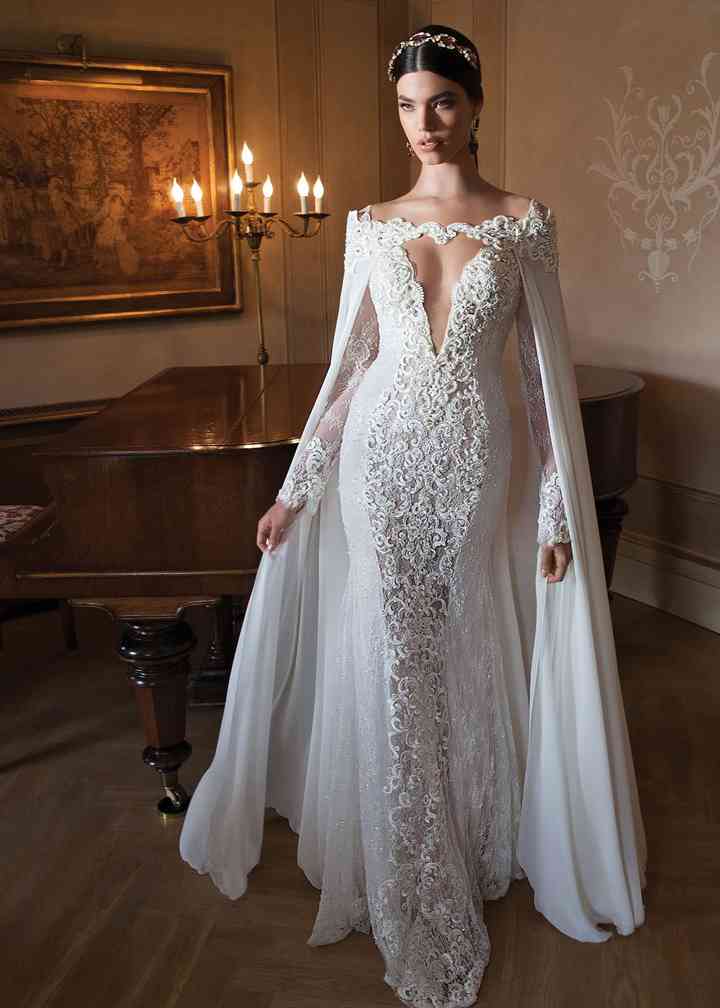 Berta Long Sleeve V Neck Lace Wedding Dress