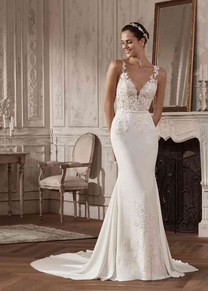 A-line Empire V Neck Sleeveless Sweep Train Chiffon Wedding Dress With  Beading Sequins Appliques - Wedding Dresses - Stacees
