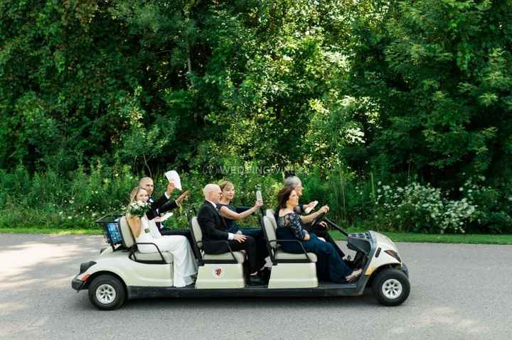 Bride, Groom, and Parents being shuttled to the reception!