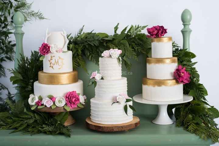 White, Gold, and Burgundy Wedding Cakes
