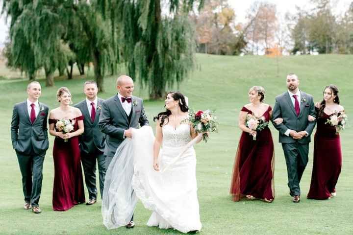 Wedding Party Picture - Bridesmaids in long maroon gowns