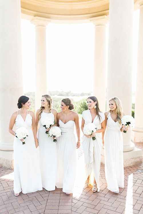 White Bridesmaids Dresses by Joanna August, Photo by The Grovers