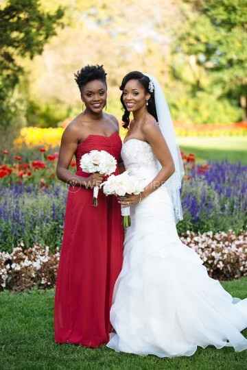 Bride and Maid of Honour in Long Red Dress - Photo from Meraki Bridal Co. in Pickering, ON