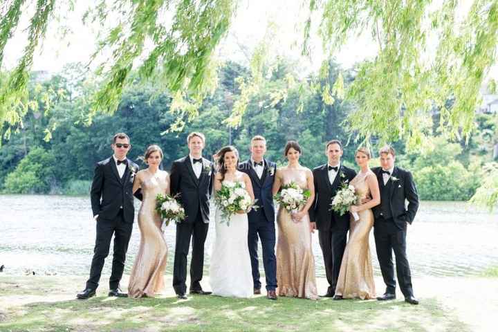 Black Tie Wedding Party - Tuxedos and Gold Sequin Dresses