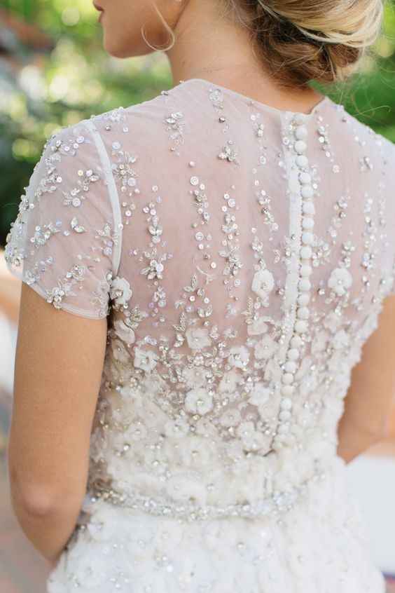 Short Sleeve Beaded Wedding Dress with Buttons