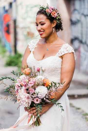 Wedding Dress with Straps, Bride with Colourful Flower Crown
