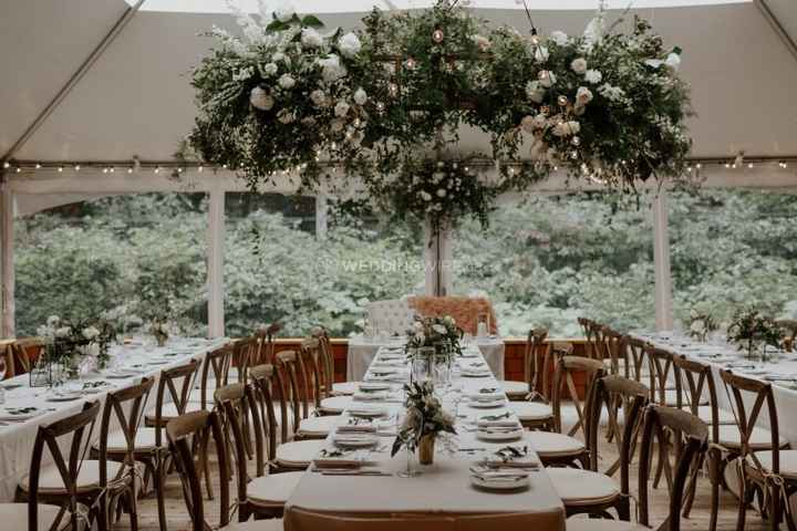 Green and White Tent Wedding Decor with Greenery Chandelier