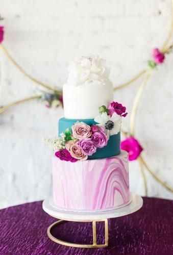 Pink Magenta Marble and Teal Tiered Fondant Wedding Cake