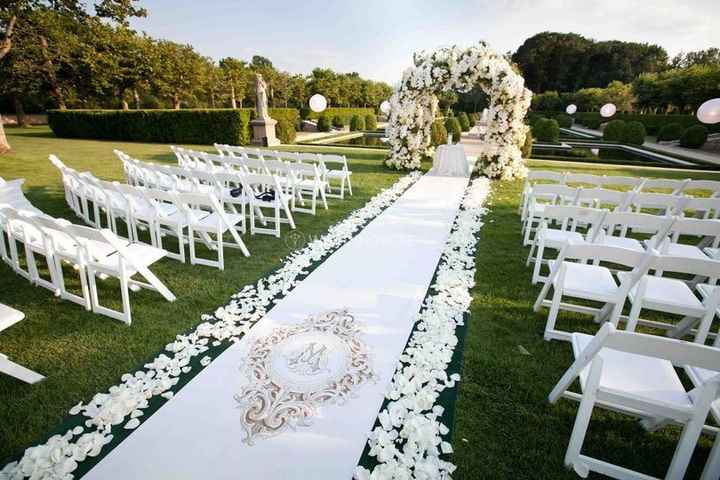 White Floral Ceremony Decor With Custom 'M' Aisle Runner