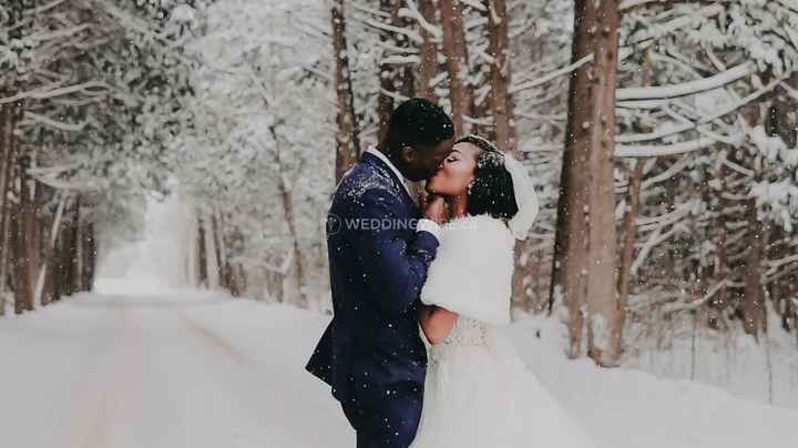 Bride and Groom Kissing in the Snow