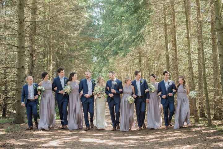 Wedding Party Linked Arms in Woods - Long Grey Matching Bridesmaids Dresses