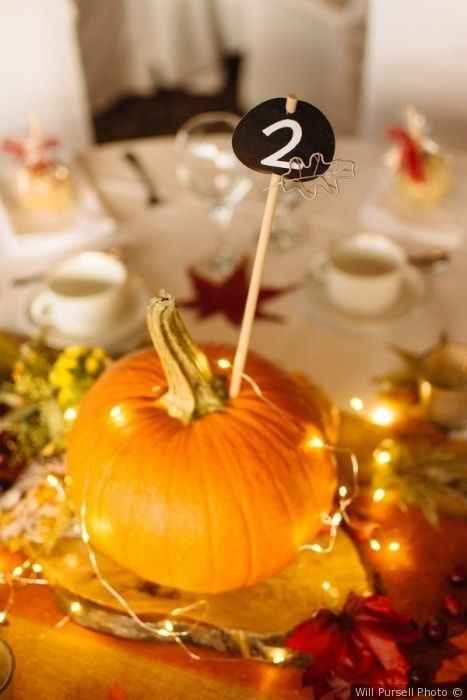 pumpkin centerpiece fairy lights fall wedding table number