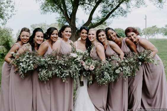 bridal party neutral tones bouquet greenery