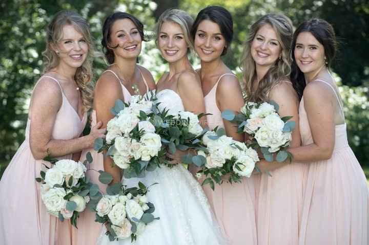 bridal party neutral tones bouquet greenery white flowers blush dress