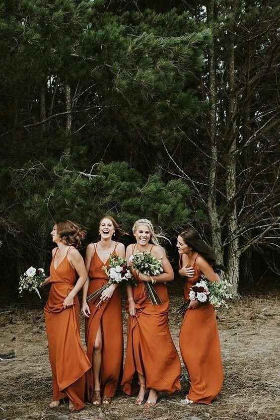 bridal party terracotta orange dress greenery bouquet