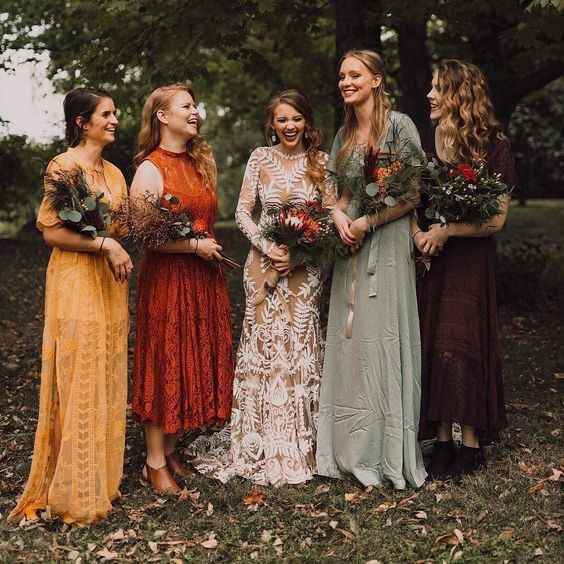 bridal party brideamaids mix and match dresses terracotta mustard maroon sage