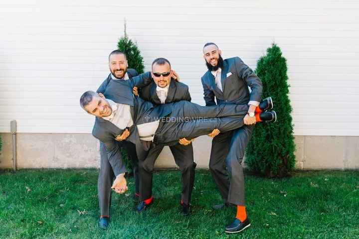 fall wedding groomsmen grey suits orange socks colour