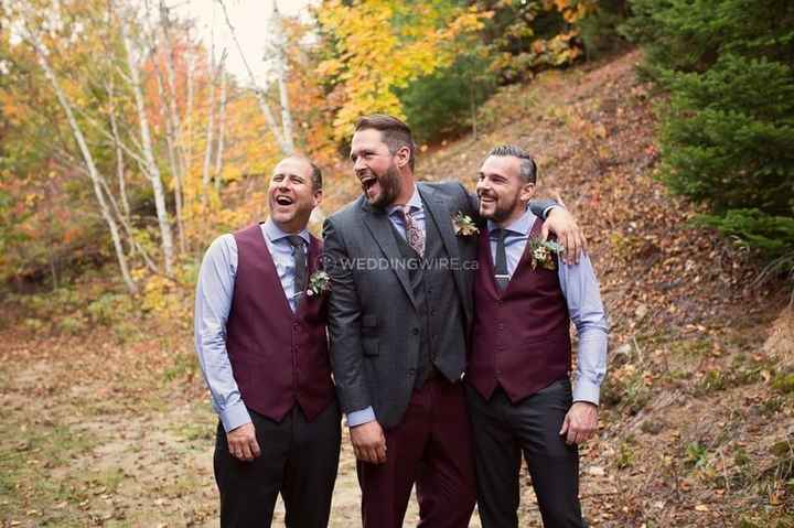 fall wedding groomsmen maroon grey suit 