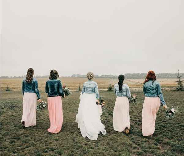 fall wedding bride bridal party blush dresses denim jackets bouquet