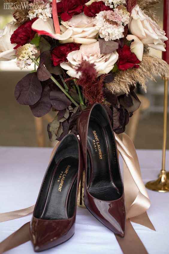 fall wedding bridal bouquet blush red brown shoes YSL Yves Saint Laurent maroon