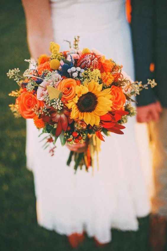 Fall Flower Bouquet with Sunflower Roses Babys Breath Orange Yellow Gold Green 
