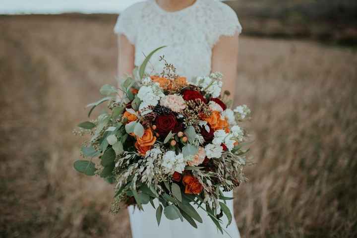 Fall Bridal Bouquet with green foliage, orange and burgundy flowers