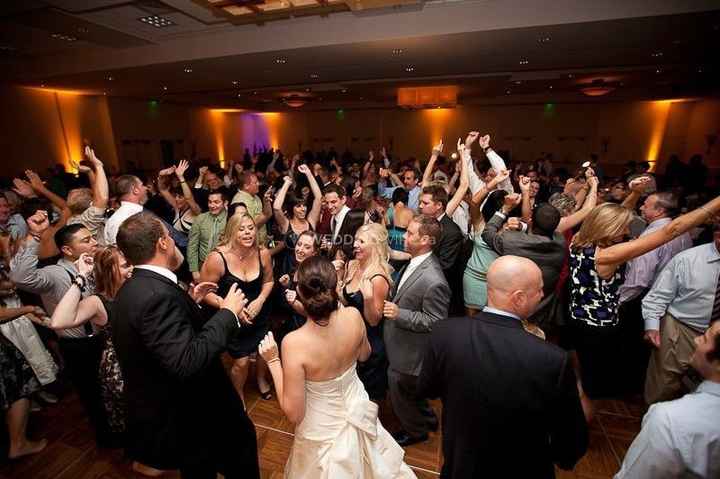 people on the dance floor with bride and groom