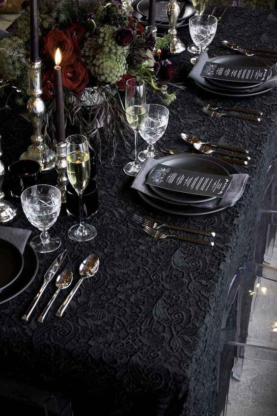 gothic tablescape, black lace and roses