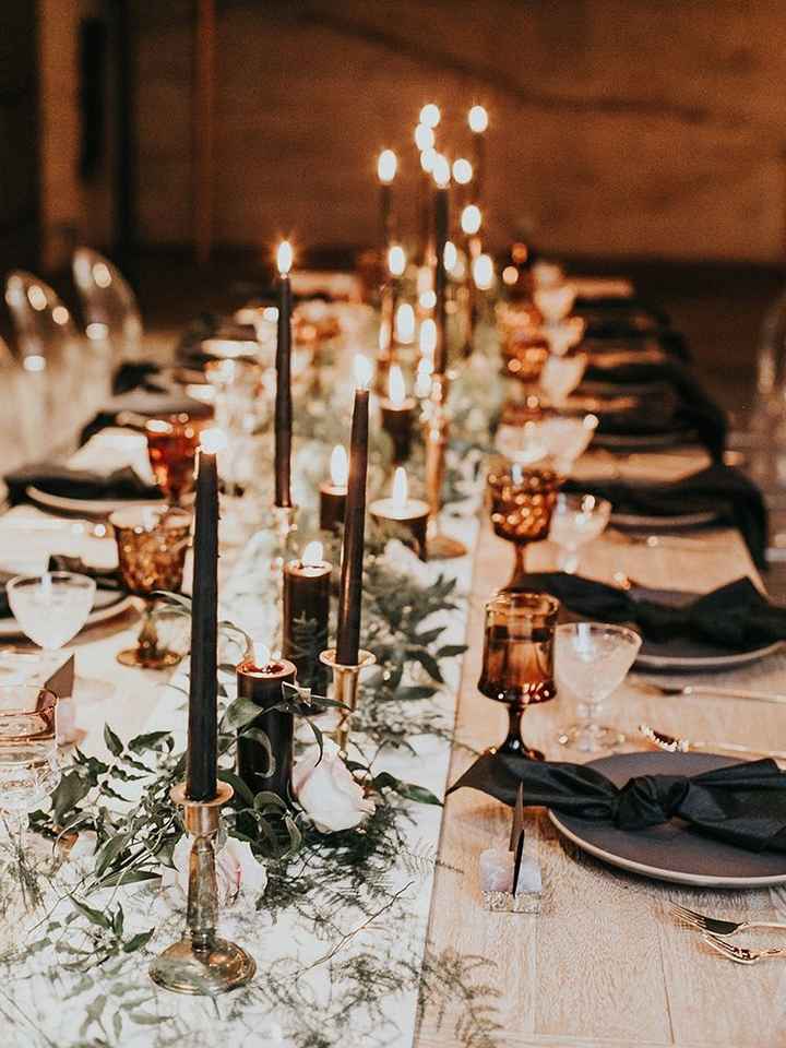 modern, industrial wedding tablescape with hints of black, black napkins and black candlesticks 
