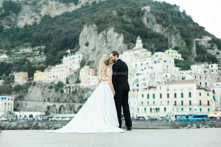 couple at a destination wedding, mountain backdrop 