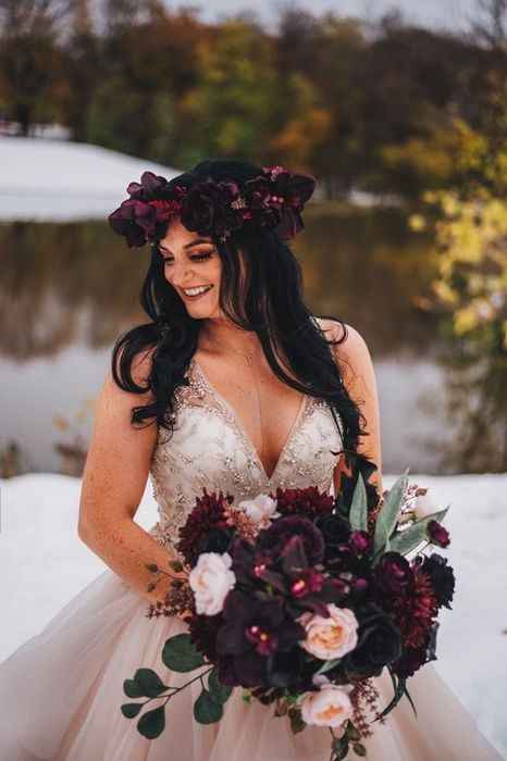 blush wedding dress with burgundy flower crown