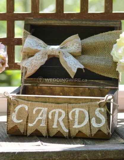rustic wooden wedding card box with burlap sign and bow