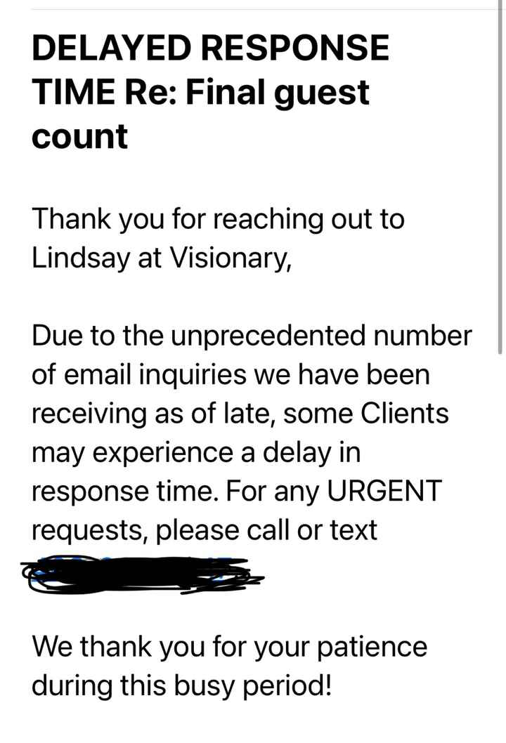17 days out, haven’t heard from caterer - 1
