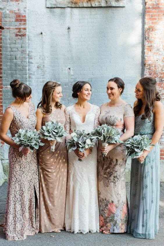 Bridesmaid dresses that are all different but look great together.