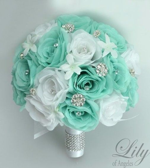 Aqua Silk Flower Bouquet with Jewels