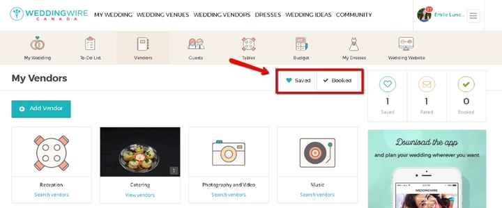 See vendors you booked or saved