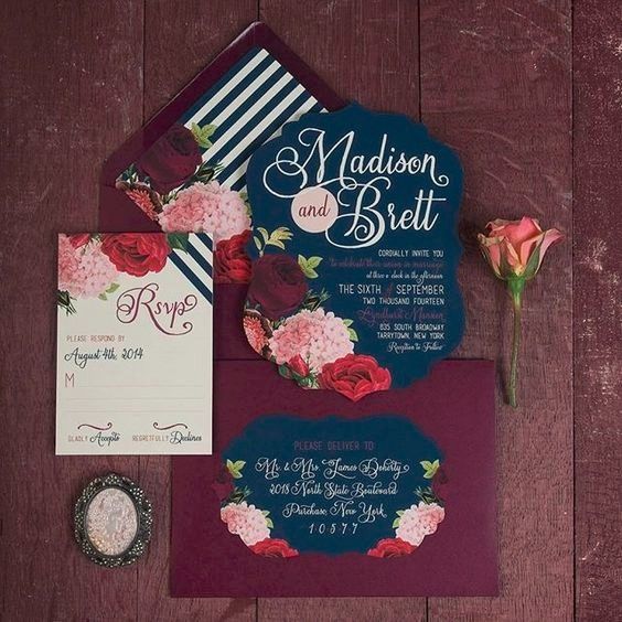 Wine, Blue, Orange Wedding Invites